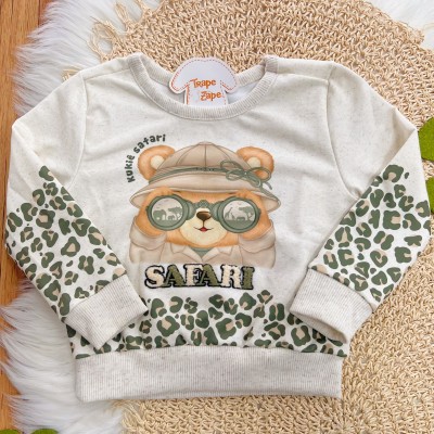 Conj. Casaco Linho com Pelúcia Ursinho Safari e Calça Legging - Areia e Verde Musgo